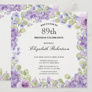 Convite de 89º Aniversário Floral Roxo Elegante