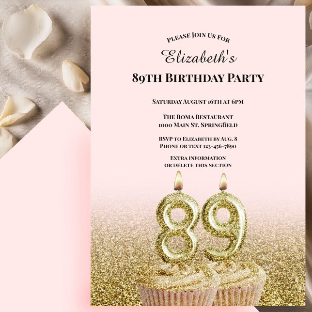 Convite de 89º Aniversário Rosa e Dourado Para Ela (Criador carregado)
