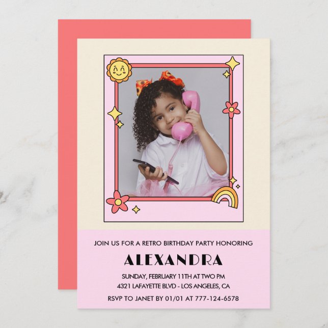 Convite de 8 anos Retro Groovy Pink Floral (Frente/Verso)