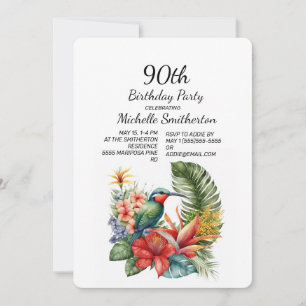 Convite de 90º Aniversário Beija-Flor Floral Tropi