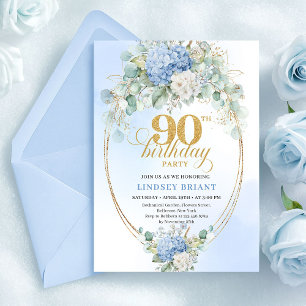 Convite de 90º Aniversário Chic Azul Claro Floral