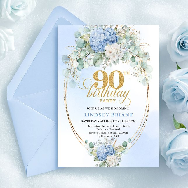 Convite de 90º Aniversário Chic Azul Claro Floral  (Chic Light Blue Floral Gold 90th Birthday Invitation)