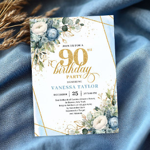 Convite de 90º aniversário com flores azuis empoei