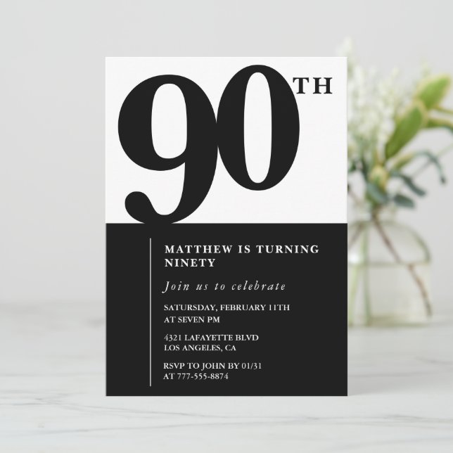 Convite de 90º aniversário elegante Black Chic Mod (Em pé/Frente)