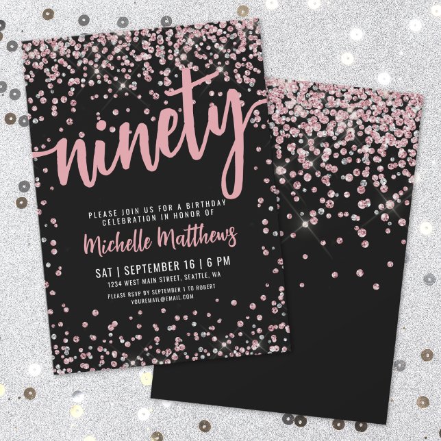Convite de 90º Aniversário em Dourado Rosé Elegant (Elegant Rose Gold 90th Birthday Invitation)
