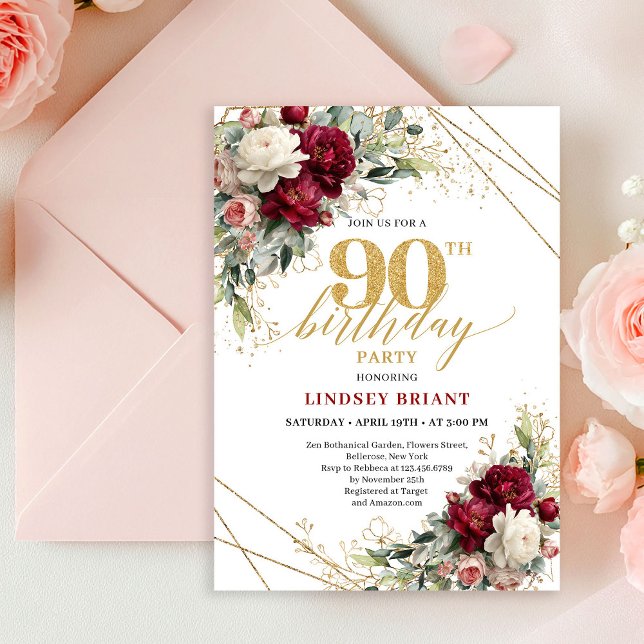 Convite de 90º Aniversário Floral Dourado Vermelho (Romantic Deep Red Gold Floral 90th Birthday Invite Card

)