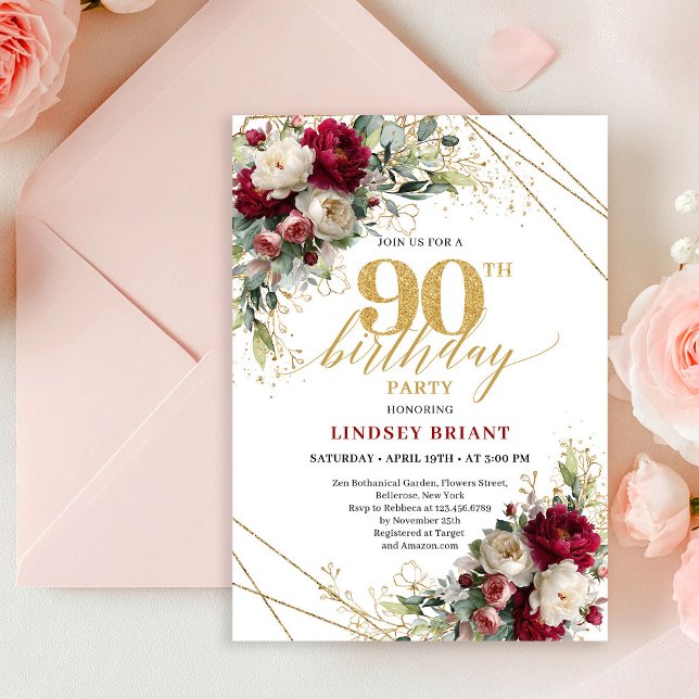 Convite de 90º Aniversário Floral Dourado Vermelho (Classic Deep Red Floral Gold 90th Birthday Invitation)