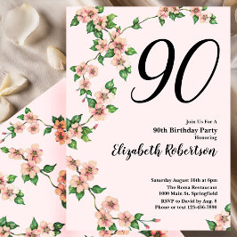 Convite de 90º Aniversário Floral em Rosa Bege