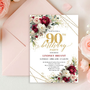 Convite de 90º Aniversário Floral Marrom Elegante