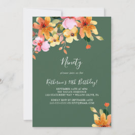 Convite de 90º Aniversário Floral Pintado Elegante