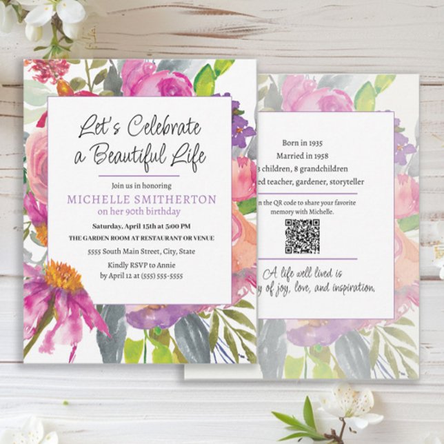 Convite de 90º Aniversário Floral Roxo Rosa com Có (Pink and purple watercolor floral 2-sided QR code 90th birthday party invitation)