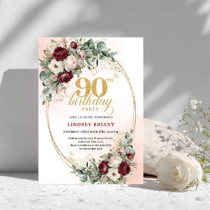 Convite de 90º Aniversário Floral Vermelho Profund