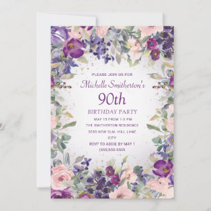 Convite de 90º Aniversário Folhagem Floral Rosa Be