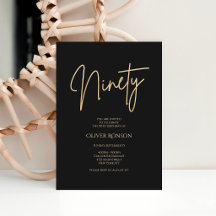 Convite de 90º Aniversário Preto Dourado Elegante