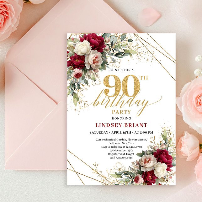 Convite de 90º Aniversário Rosa Dourado Marrom Rom (Romantic Maroon Rose Gold 90th Birthday Invitation)