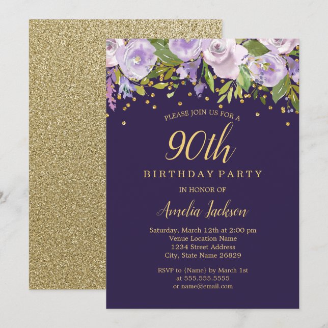 Convite de 90º Aniversário Sparkle Floral Roxo Dou (Frente/Verso)