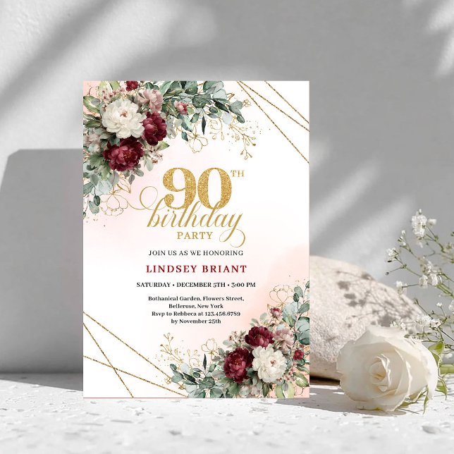 Convite de 90º Aniversário Timeless Boho Peônias V (Timeless Deep Red Peonies Gold 90th Birthday Invite)