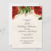 Convite de 90 Anos Elegante Rosas Vermelhas Creme