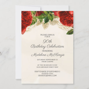 Convite de 90 Anos Elegante Rosas Vermelhas Creme