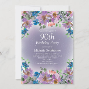 Convite de 90 Anos Feminino Floral Azul Roxo