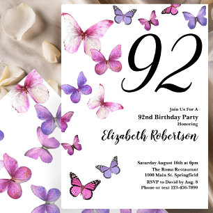 Convite de 92º Aniversário Borboleta em Rosa Roxo