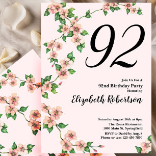 Convite de 92º Aniversário Floral em Rosa Bege