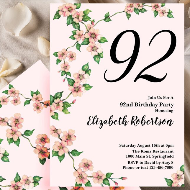 Convite de 92º Aniversário Floral em Rosa Bege (Criador carregado)