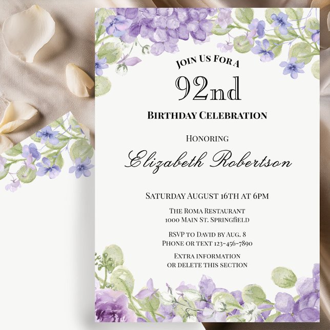 Convite de 92º Aniversário Floral Roxo Elegante (Criador carregado)
