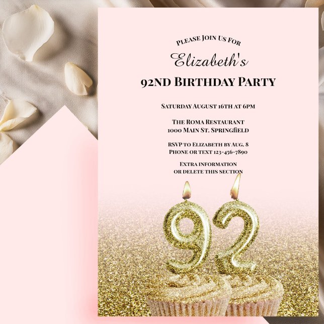 Convite de 92º Aniversário Rosa e Dourado Para Ela (Criador carregado)