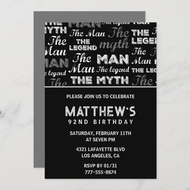 Convite de 92 anos preto Legenda do mito engraçado (Frente/Verso)