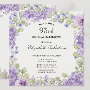 Convite de 93º Aniversário Elegante Floral Roxa