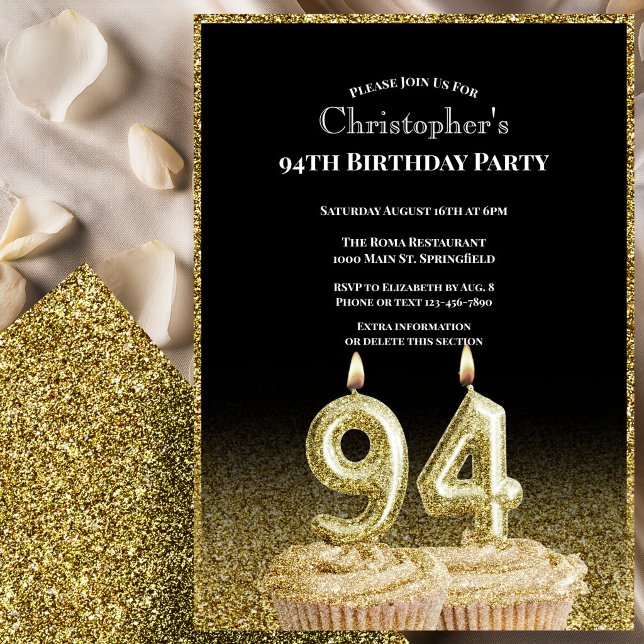 Convite de 94º Aniversário Preto e Dourado Para El (Criador carregado)