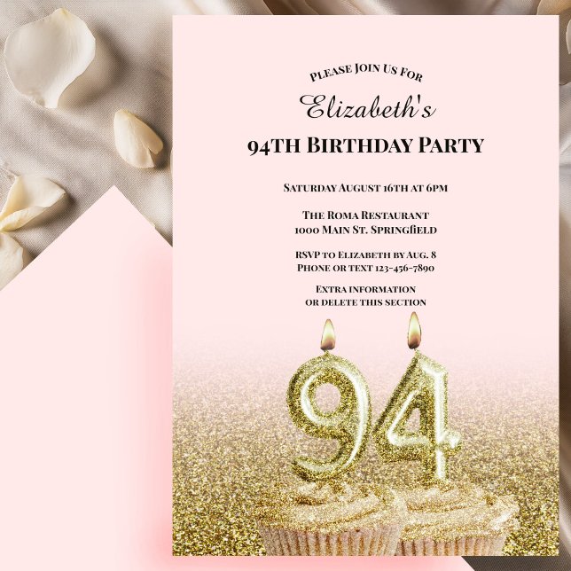Convite de 94º Aniversário Rosa e Dourado Para Ela (Criador carregado)
