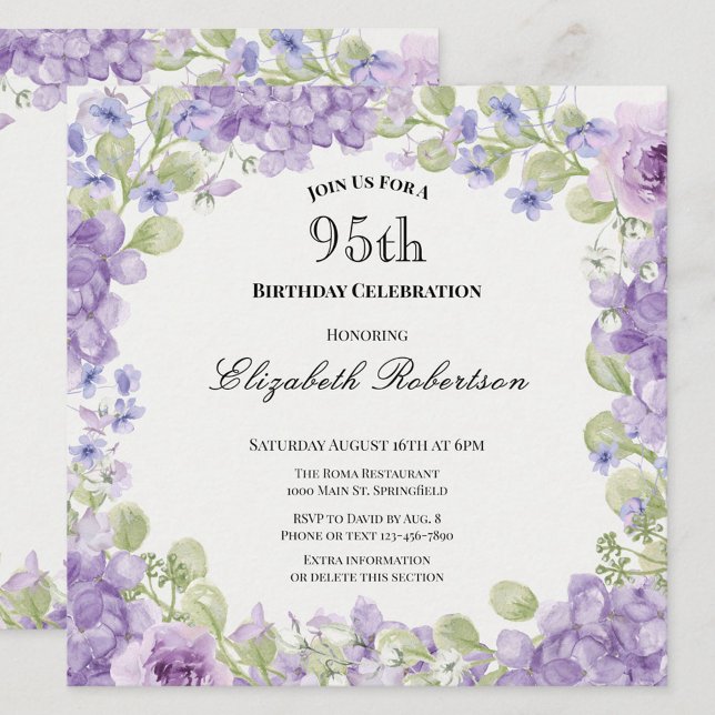 Convite de 95º Aniversário Floral Roxo Elegante (Criador carregado)