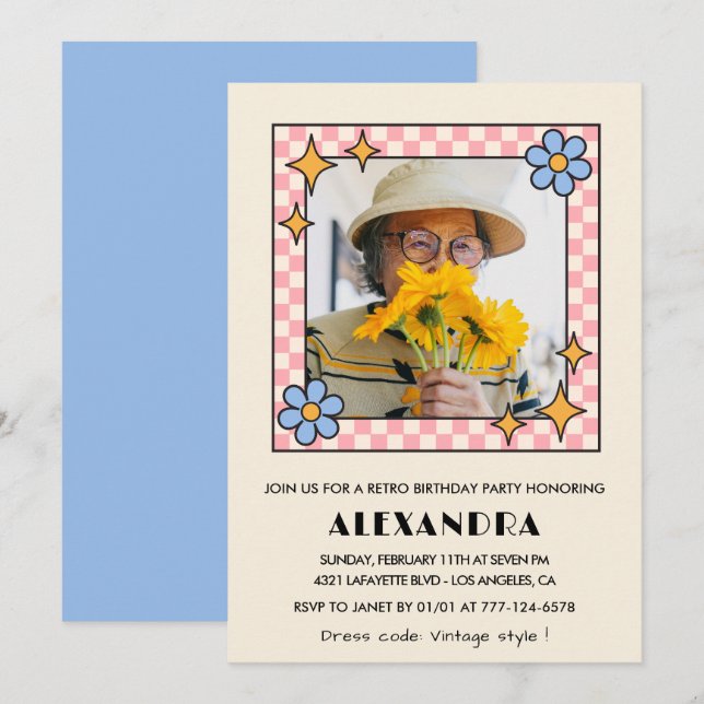 convite de 95º aniversário Retro Groovy Floral Azu (Frente/Verso)