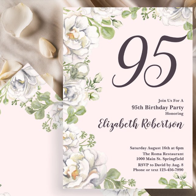 Convite de 95º Aniversário Rosa Cor-de-Rosa Floral (Criador carregado)