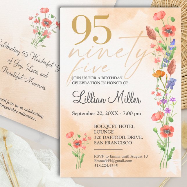 Convite de 95 Anos Elegante com Flores Douradas (Criador carregado)