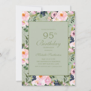 Convite de 95 anos Rosa Enrubescido Floral Verde M