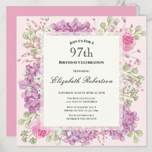 Convite de 97º Aniversário Elegantes Flores Rosa