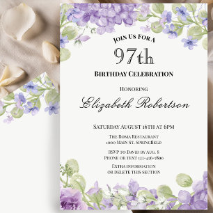 Convite de 97º Aniversário Floral Roxo Elegante