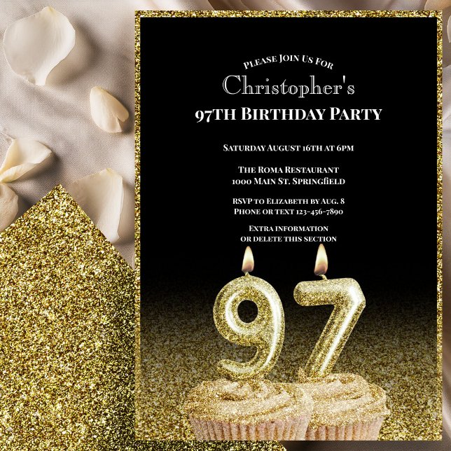 Convite de 97º Aniversário Preto e Dourado Para El (Criador carregado)