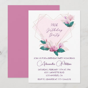 Convite de 98º aniversário Floral Rosa Elegante Ch