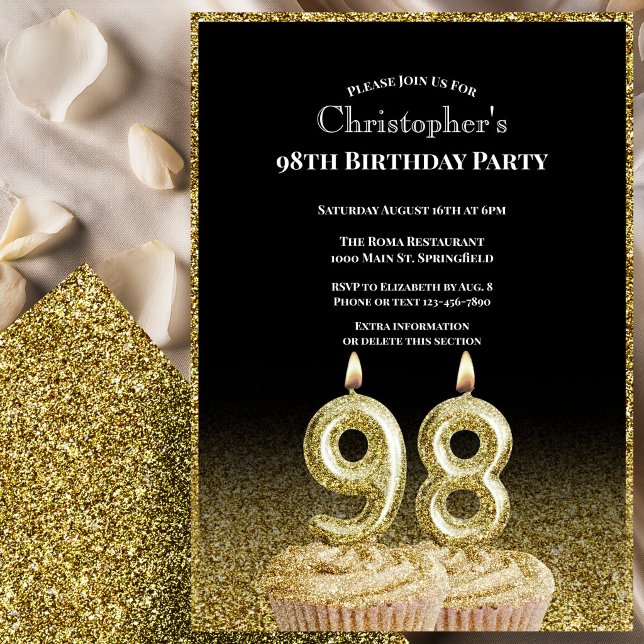 Convite de 98º Aniversário Preto e Dourado Para El (Criador carregado)