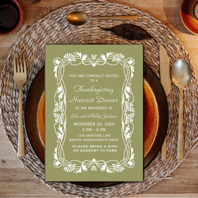 Convite de Ação de Graças com Bordas Verdes Elegan (Green Elegant Border Thanksgiving Invite)