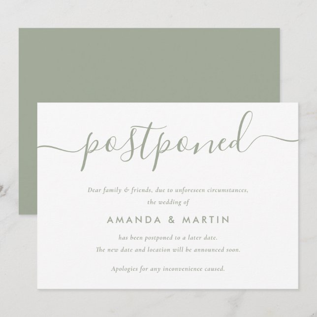 Convite de Adiamento de Casamento em Verde Sage Mo (Frente/Verso)