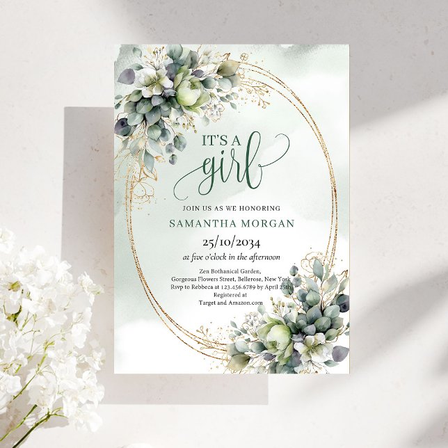 Convite de Água-Marinha Folhagem Ouro Verde É Uma  (Green Gold Watercolor Foliage It’s A Girl Invitation)