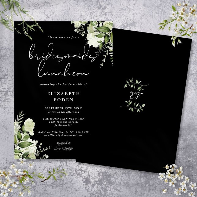 Convite de Almoço de Damas de Honra Floral Preto e (Black And White Floral Bridesmaids Luncheon Invitation)