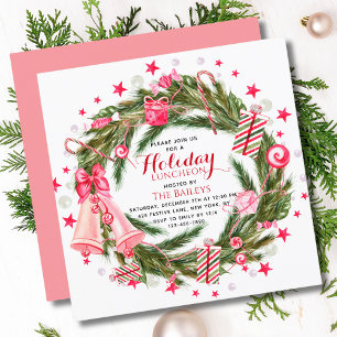 Convite de Almoço de Natal Rosa Verde Coroa de Sem