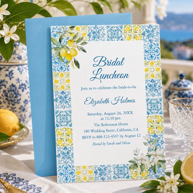 Convite de Almoço de Noiva com Azulejo Azul Medite (Mediterranean Blue Tile Lemon Bridal Luncheon Invitation)