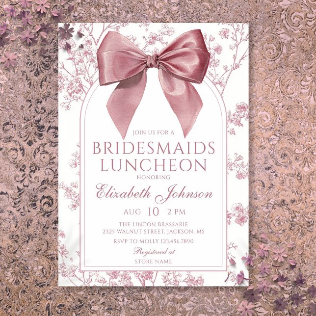 Convite de Almoço de Noivas Damas Rosa Antigo Flor (Vintage Pink Bow Floral Bridesmaids Luncheon Invitation)